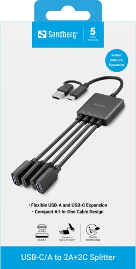 Splitter USB Sandberg 136-81, USB-C/USB-A në 2x USB-A + 2x USB-C, 13 cm, e zezë