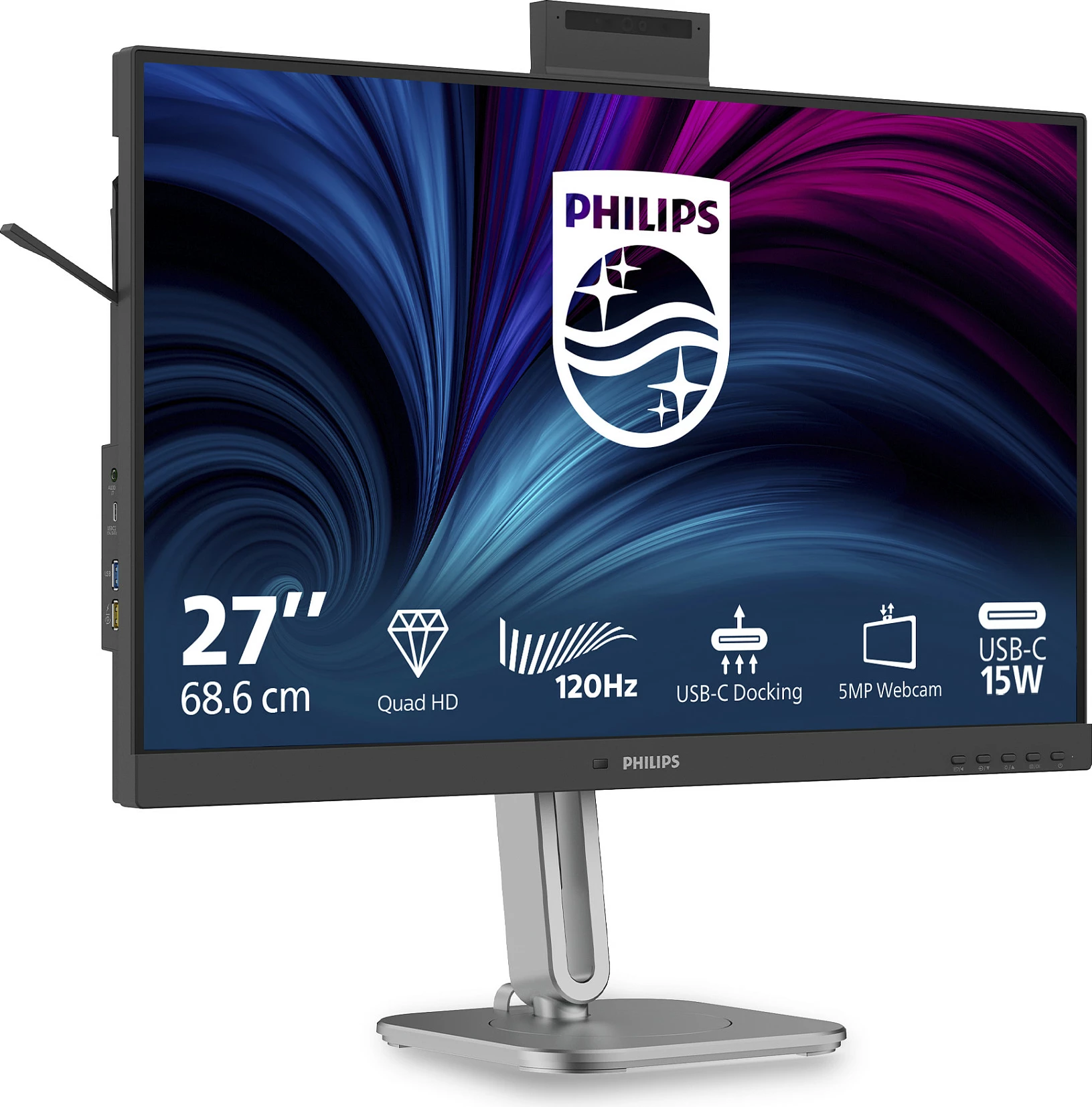Monitor Philips 4000 Series 27B2U4601H/00, 27", QHD 2560x1440, 120Hz, USB‑C Docking, webcam 5MP, i zi