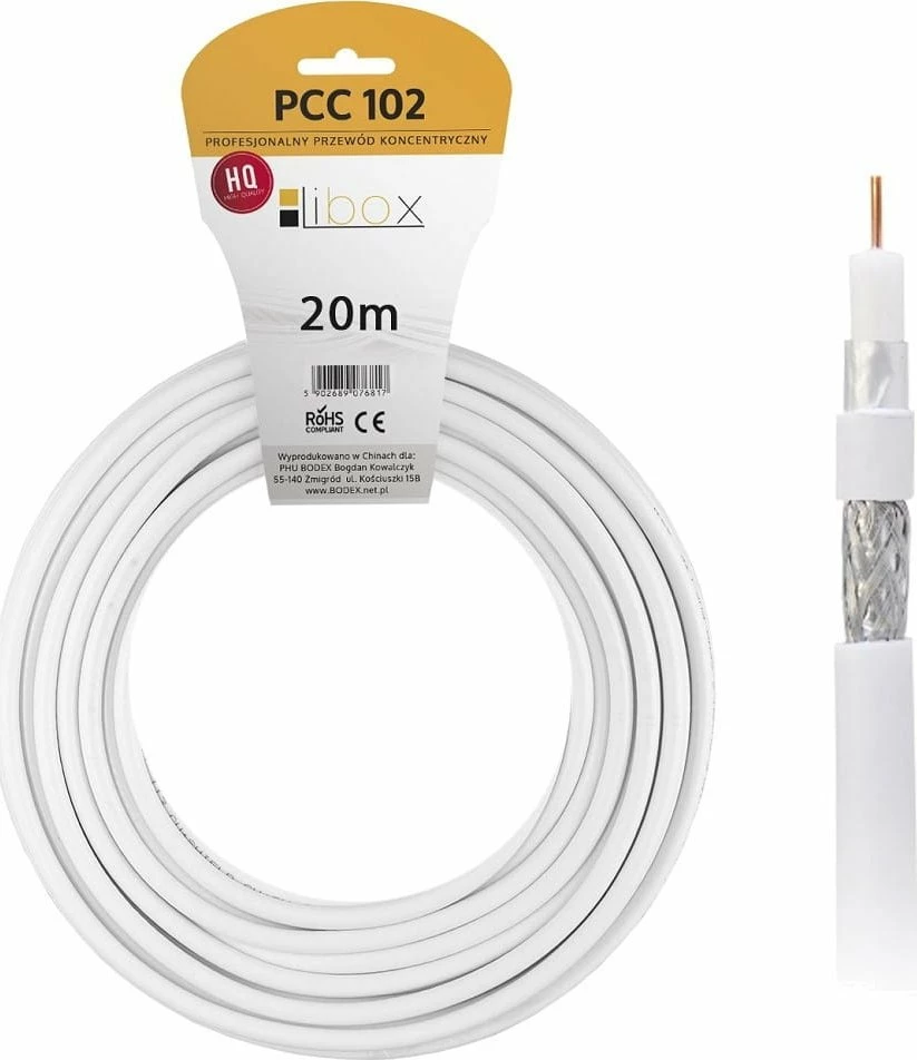 Kabllo koaksiale SAT Libox PCC102-20 20 m Trishield për HD/4K, e bardhë