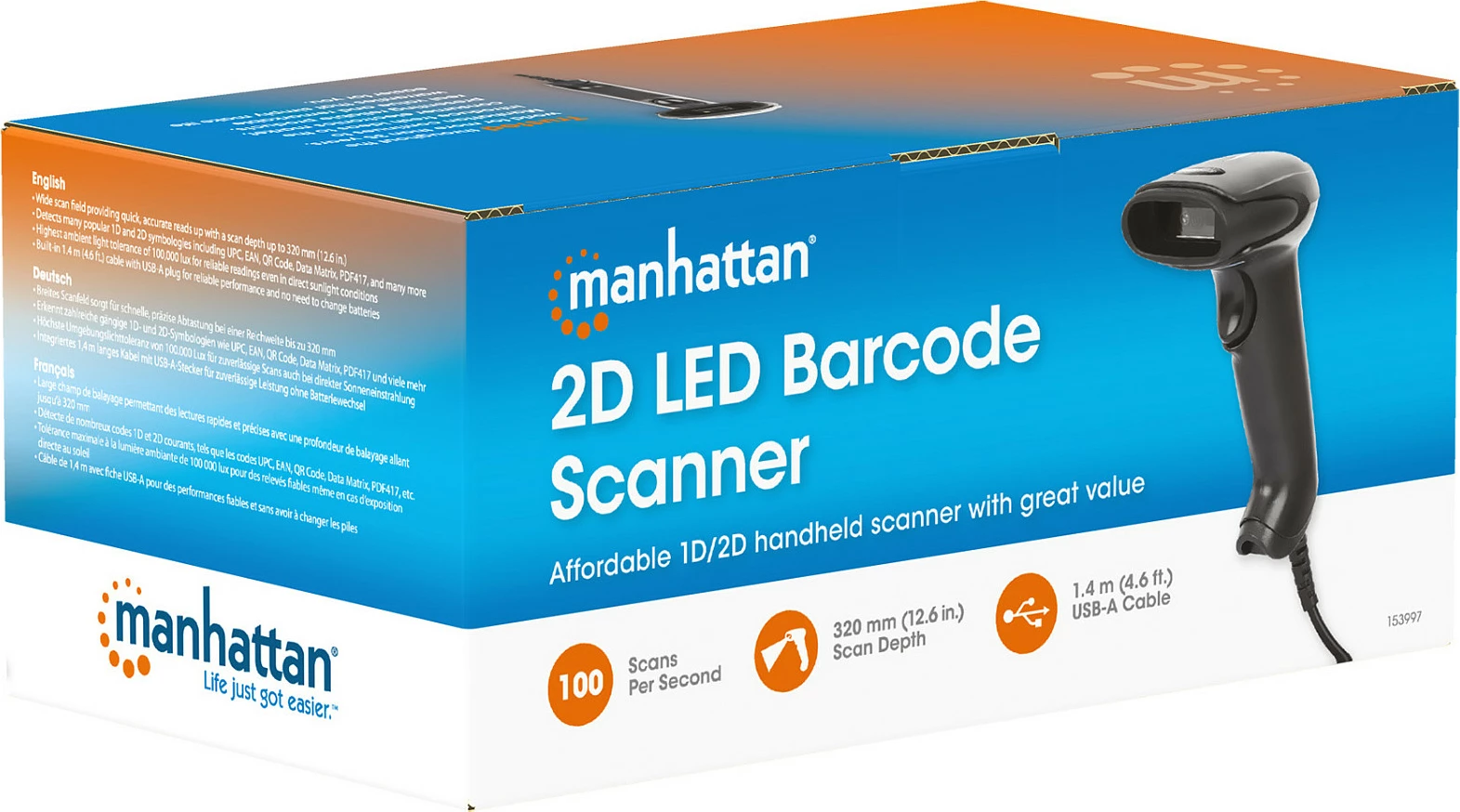 Skaner barkodi MANHATTAN 2D LED, USB, kabllo 1.4 m, i zi