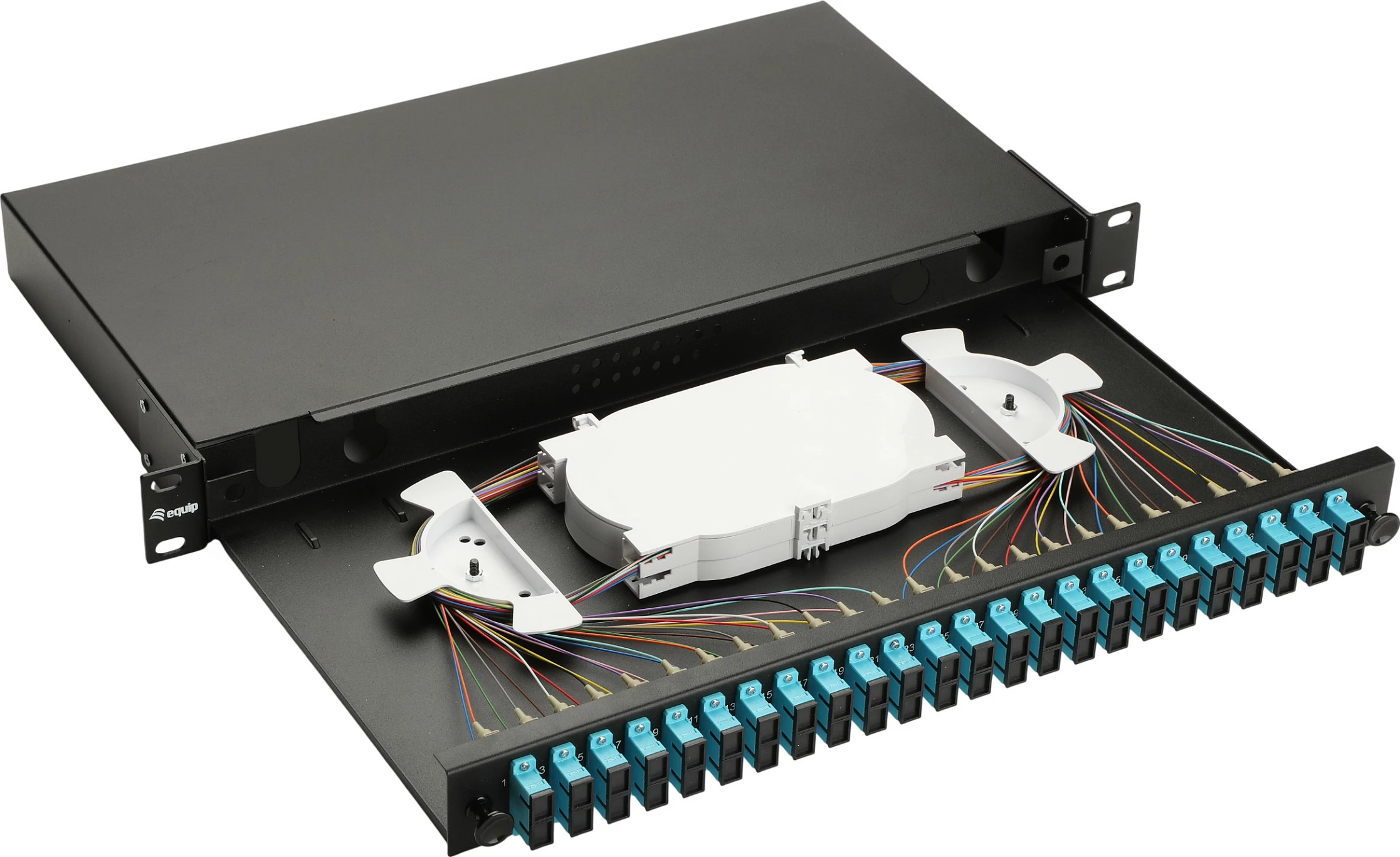 Kuti splice fiber optike Equip 337212, 24 porta LC Duplex, OM3, 1U rack, e zezë