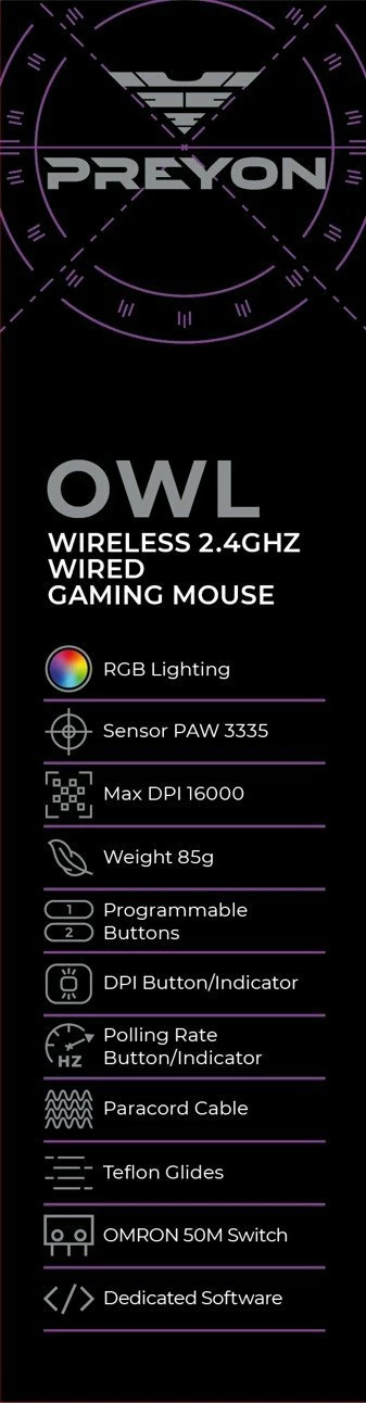 Maus gaming PREYON Owl Wireless POW35B, 16000 DPI, 2.4GHz/USB, RGB, i zi