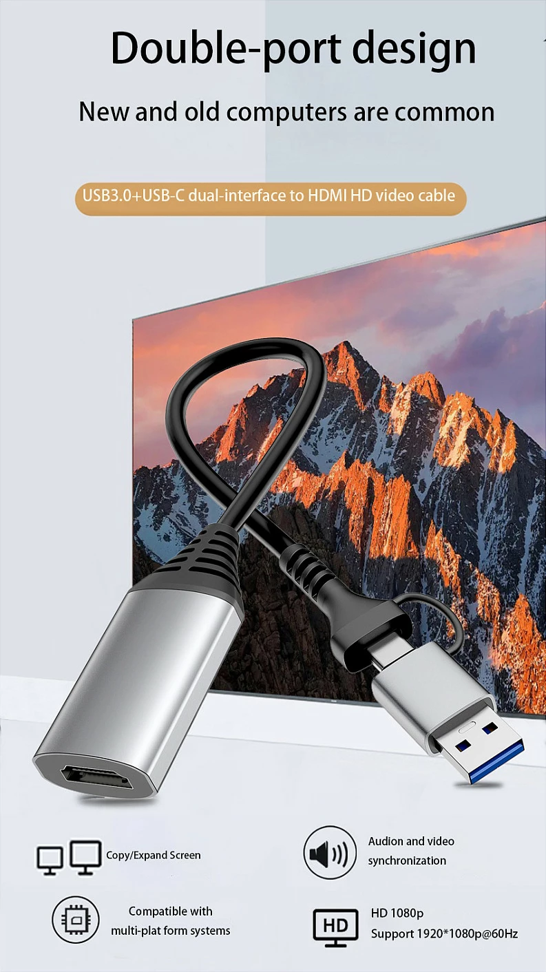 Adapter USB në HDMI Equip 133498, USB-C + USB-A, 1080P, gri