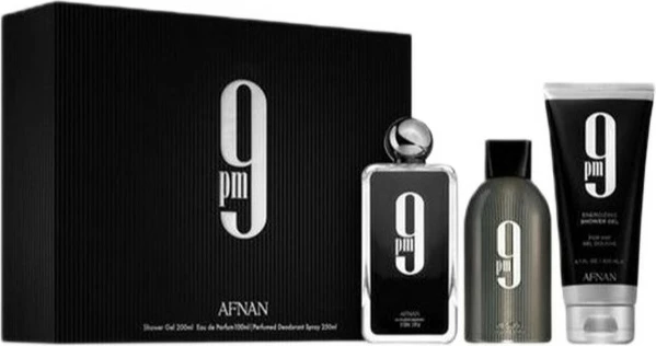 Set Eau de Parfum, xhel dushi dhe deodorant spray për meshkuj Afnan 9pm, 100ml + 150ml + 250ml