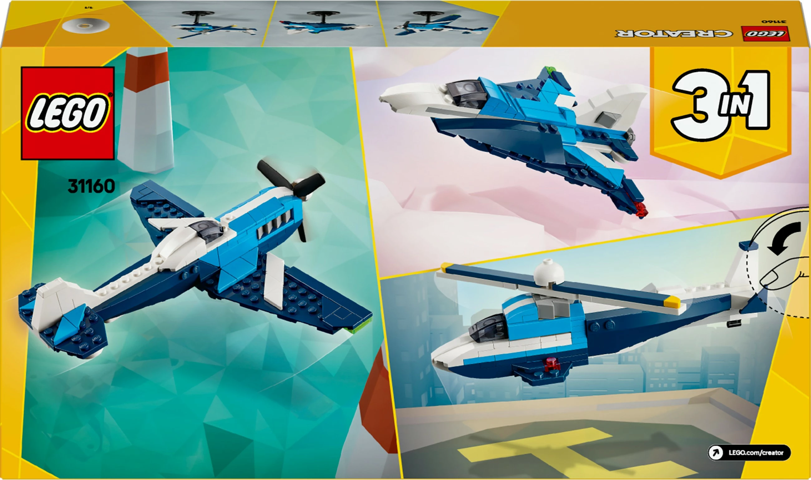 Set ndërtimi LEGO Creator 3-in-1 31160, 178 pjesë, aeroplan garash, blu