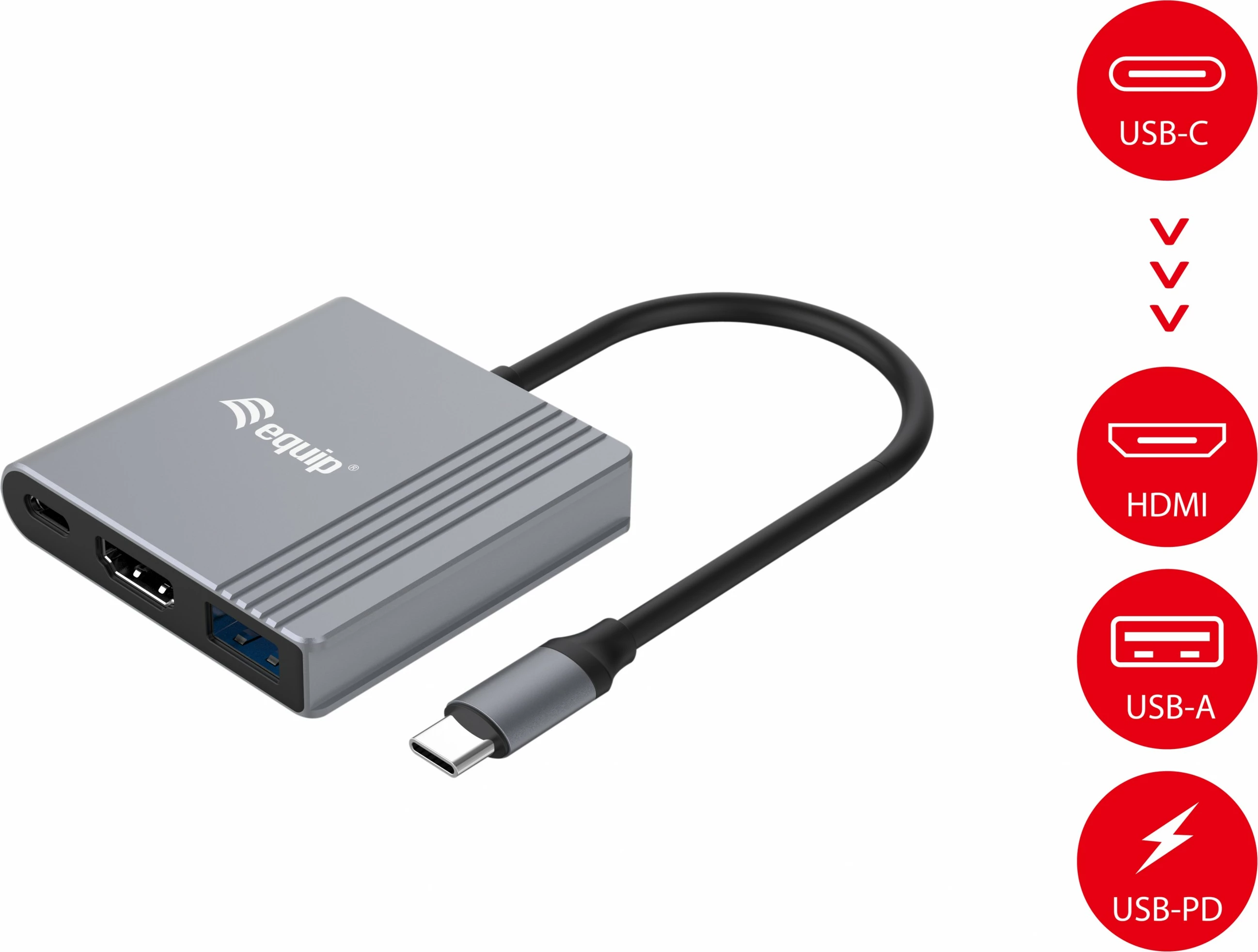 Adapter 3-n-1 USB-C në HDMI/USB-A/USB PD Equip, 3840x2160, i zi/gri