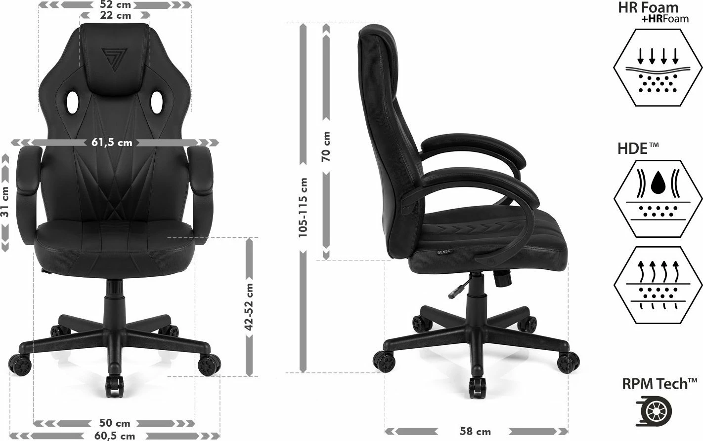 Fotelë gaming SENSE7 Prism, ekolëkurë HDE, lëkundëse FlowTech Swing, ngritje me gas lift, 120 kg, e zezë