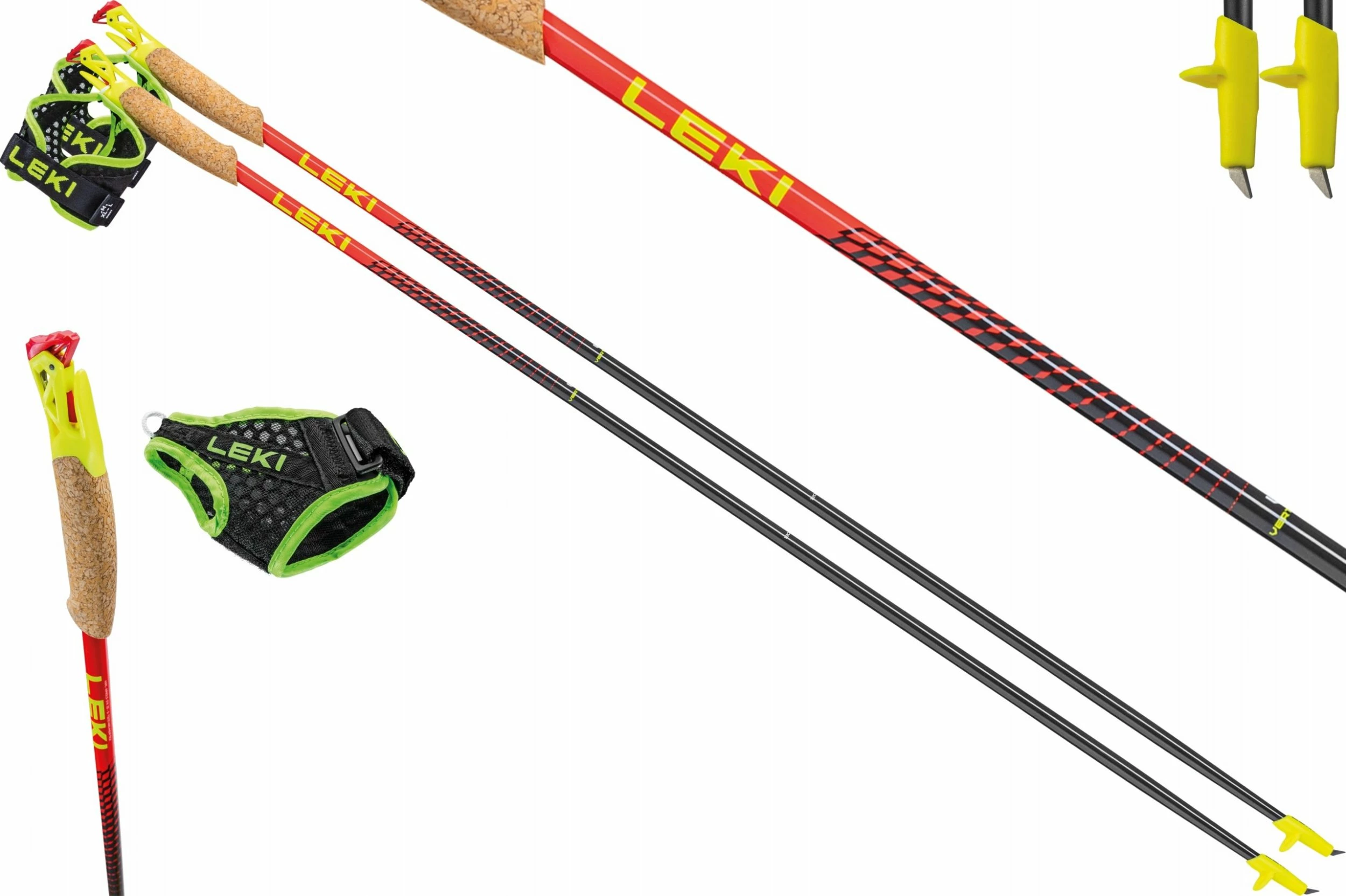 Shkopinj trekkingu Leki Vertical K 125 cm, 100% karbon, dorezë kork, zi/kuqe-verdhë, set 2 copë