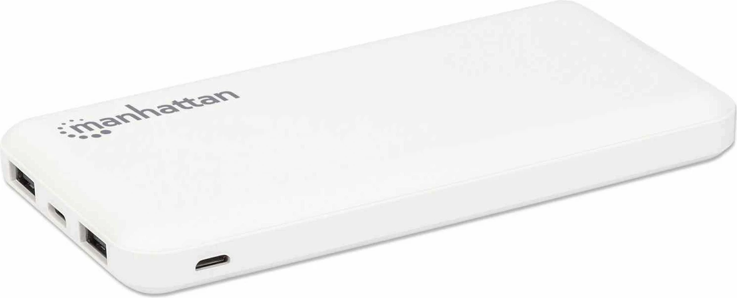Powerbank MANHATTAN 10.000 mAh, 2xUSB, USB-C + Micro-USB, e bardhë