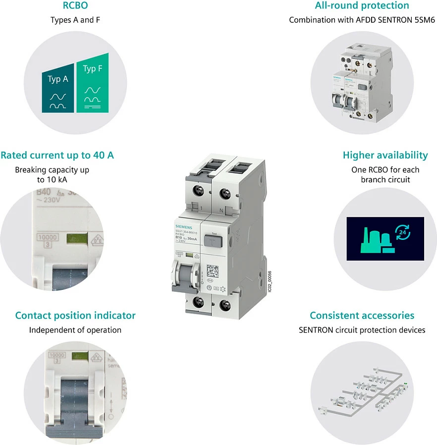 Ndërprerës diferencial automatik Siemens 5SU13566KK16, 2-polësh, 16A, 30mA, 6kA, DIN-rail, gri