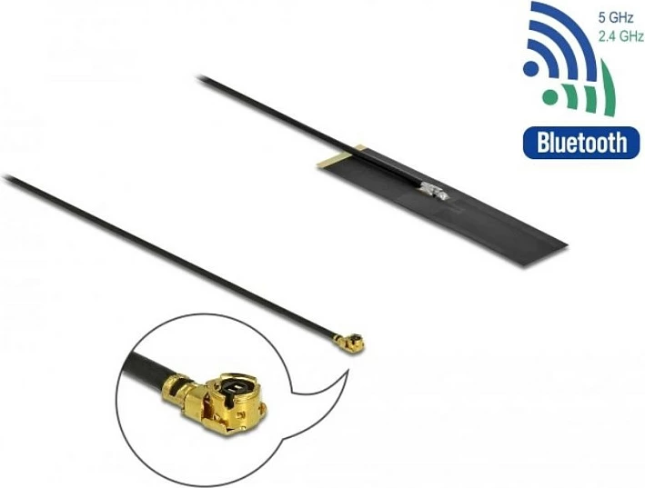 Antena WiFi DeLOCK Dualband ac/ax/a/b/g/n, MHF I (u.FL), 1.7–4.7 dBi, PIFA FPC, omnidireksionale, e zezë