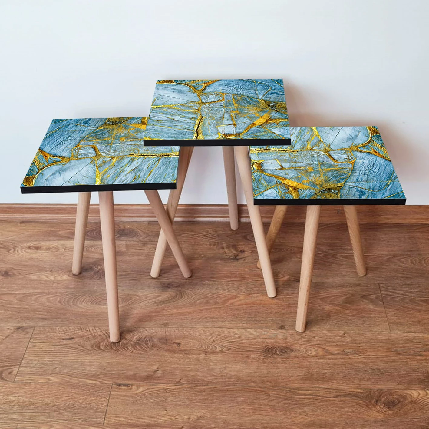 Set tavolinash të mbivendosura, 3 copë, ngjyrë kaltër dhe ari, Skye Decor, 3Shp235