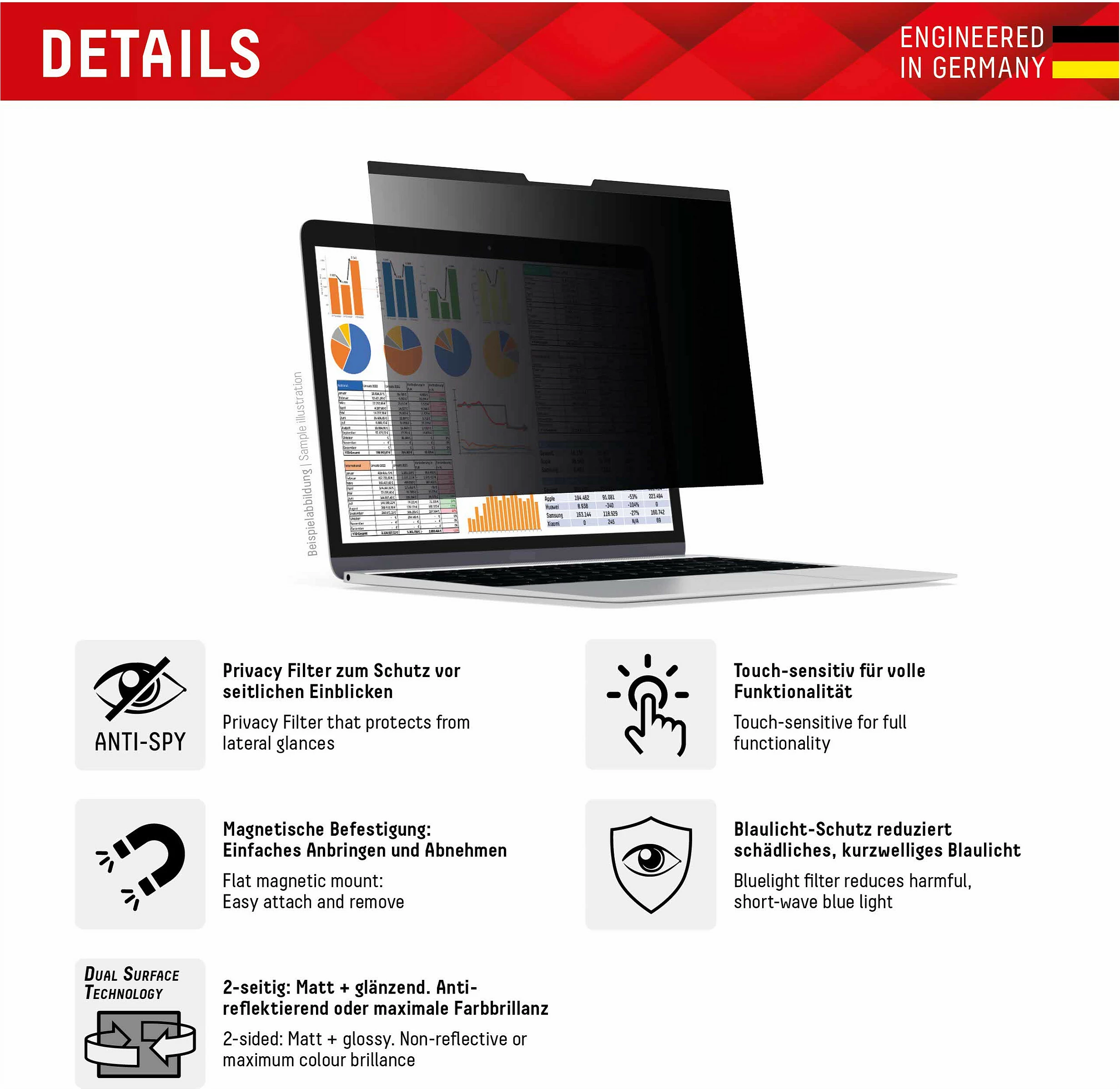 Filtër privatësie magnetik Displex Privacy Safe për MacBook Air/Pro 13.3", 2-anësh Matt/Glossy, 5H, i zi