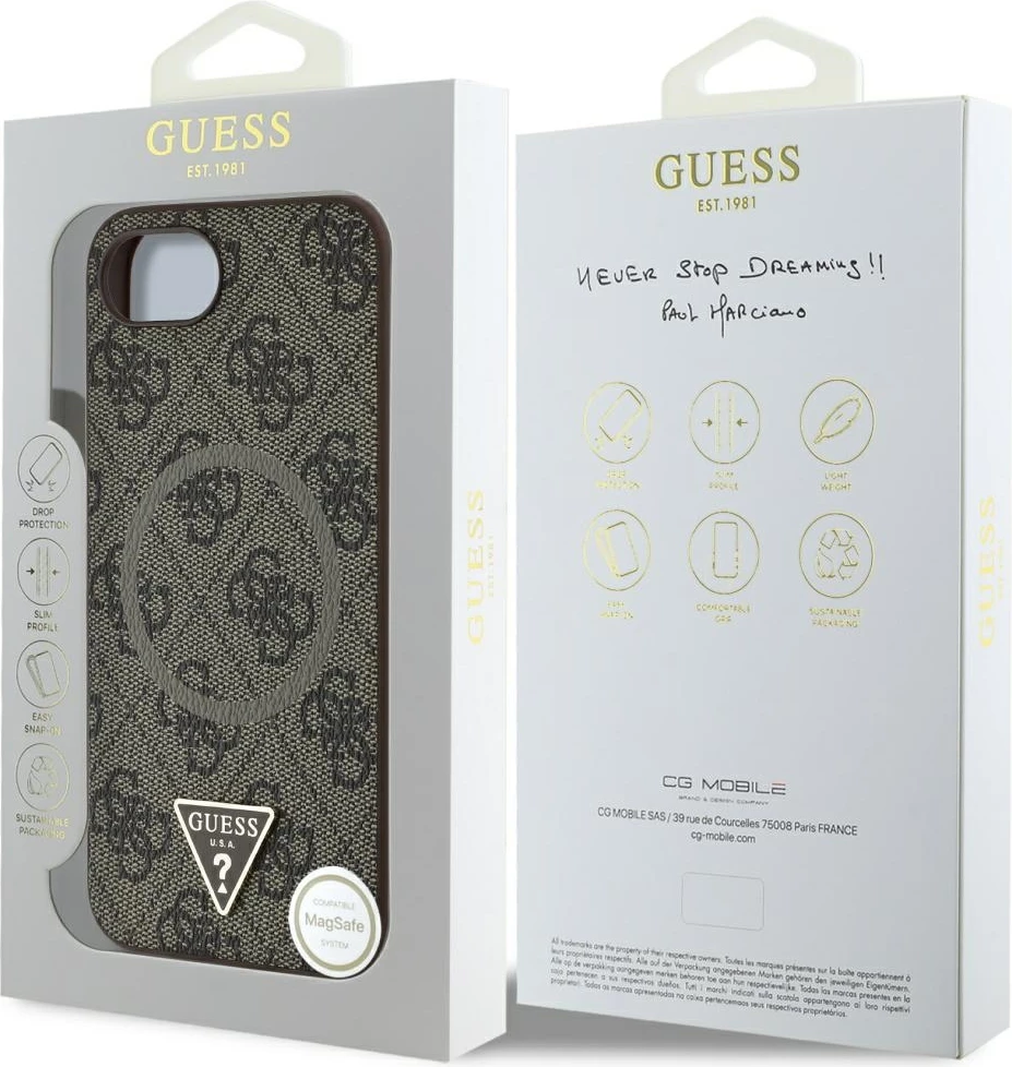 Mbështjellës Guess 4G Ring Triangle Logo MagSafe për iPhone 16e, Kafe