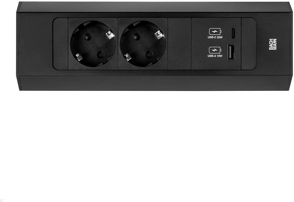 Prizë tavoline Bachmann Casia 2, 2x Schuko + USB-A/USB-C PD 22W, kabllo 2 m, e zezë