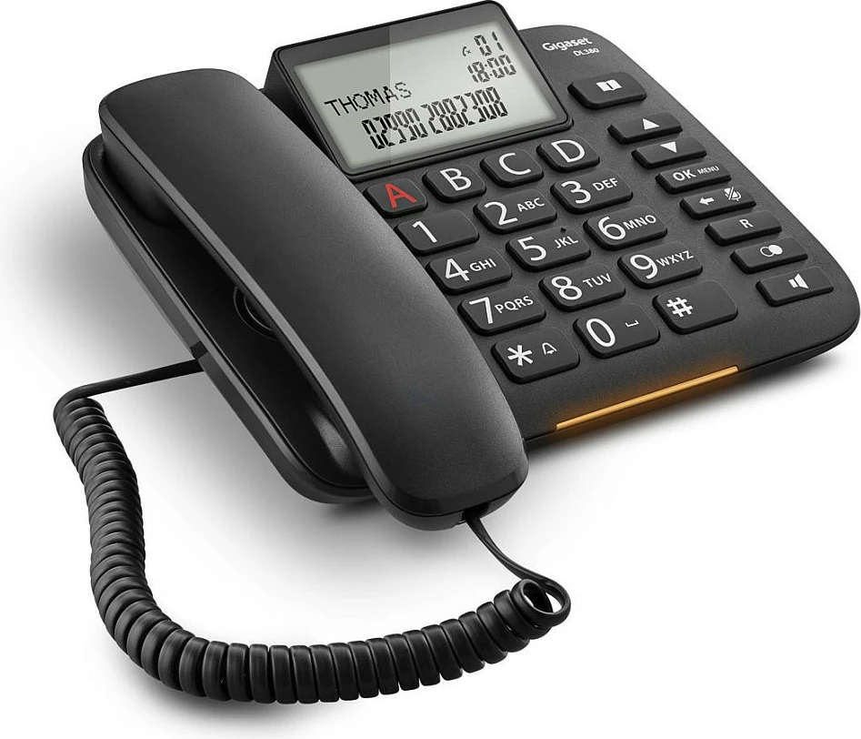 Telefon fiks analog Gigaset DL380, butona të mëdhenj, speakerphone, ekran LCD, i zi