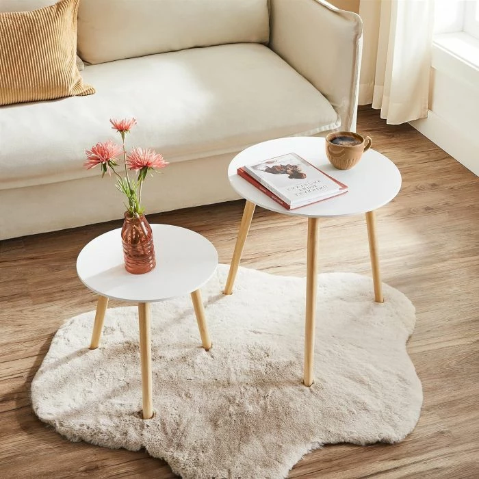 tavolinë kafeje SONGMICS Miza LET07WN, set 2 copë (45×50 cm + 35×35 cm), bardhë/natyrale