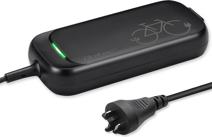 Karikues për biçikletë elektrike, Qoltec, 50762, 42V 2A 84W për bateri 36V Li-ion, prizë Bosch, IP54, me kabllo rryme, i zi