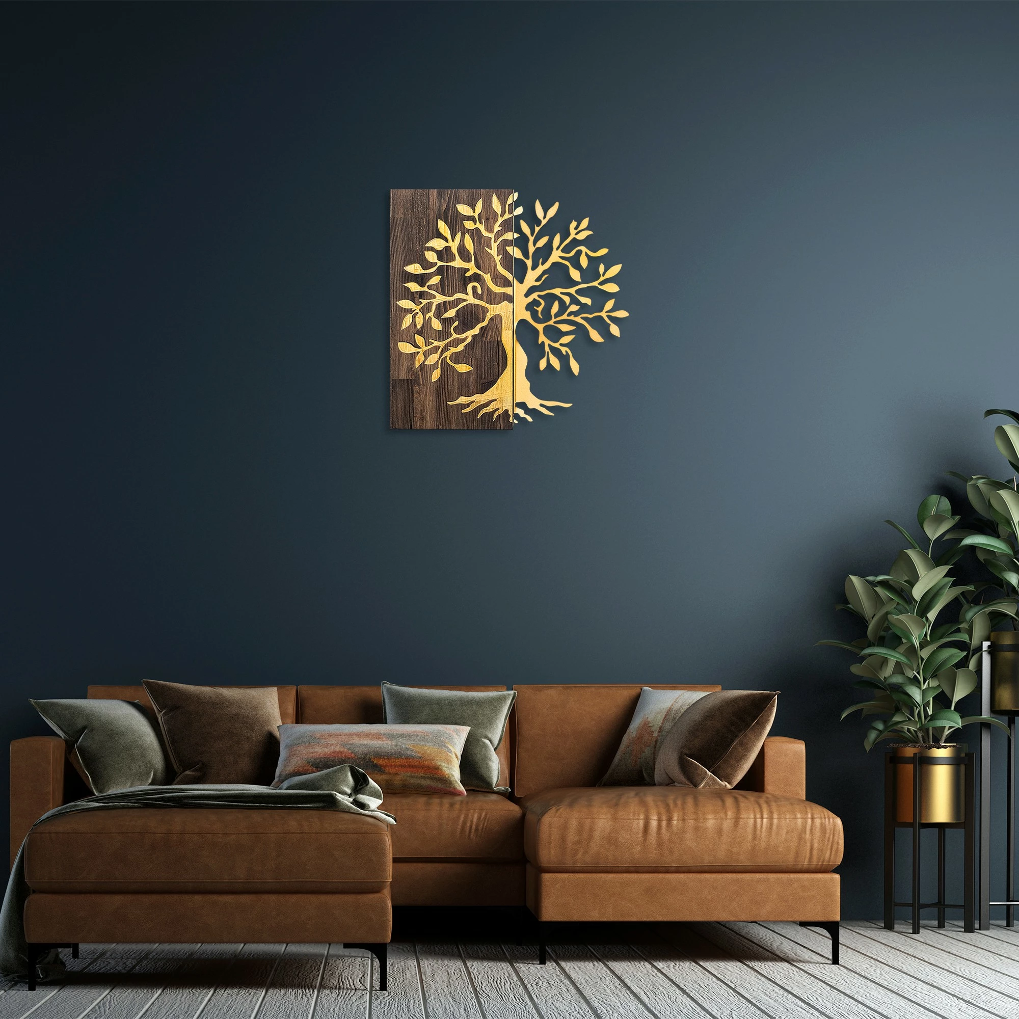 Dekor druri për mur, motiv peme, ngjyrë arre dhe ari, Wallity, 58x58cm