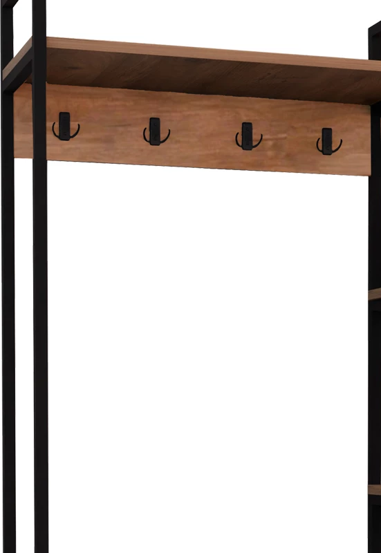 Mobilje hyrëse Thoj, melaminë ngjyrë lisi, metal i zi, 120x34x180cm