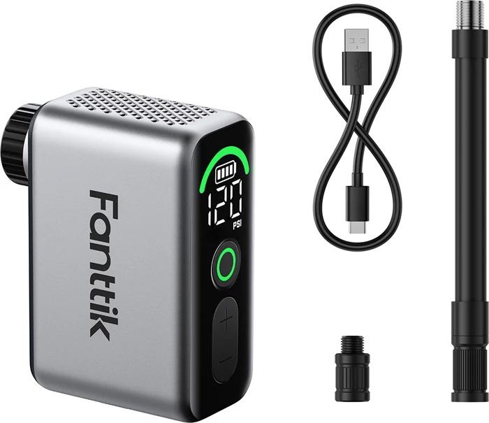 Pompë elektrike mini për biçikletë Fanttik X10 Ace Tiny 120 PSI, ekran LED, bateri 3.70 Wh, gri/zi, set me kabllo + zorrë + adapter