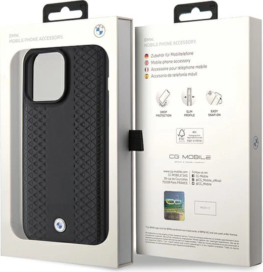 Mbështjellës BMW Leather Diamond Pattern për iPhone 15 Pro Max, i zi