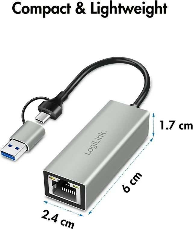 Adapter LogiLink UA0238B USB-C në Gigabit Ethernet + USB-A