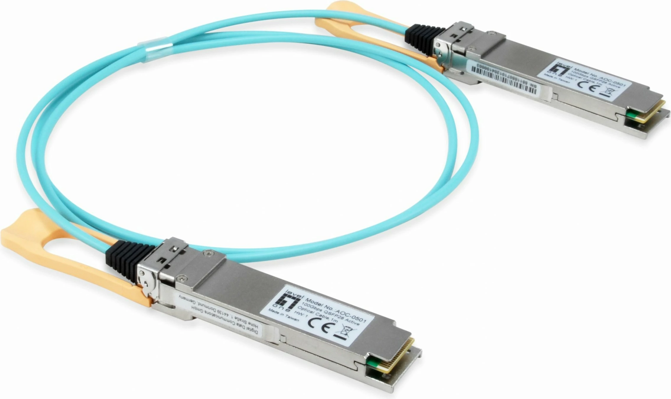 Kabëll optik LevelOne AOC-0502, 2m, QSFP28, 103100 Mbit/s, ngjyrë Aqua, Argjend