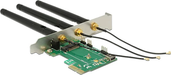 Kartë adapter PCIe DeLOCK 89568, M.2 Key A/E, për WLAN/Bluetooth/GNSS, me 3 antena
