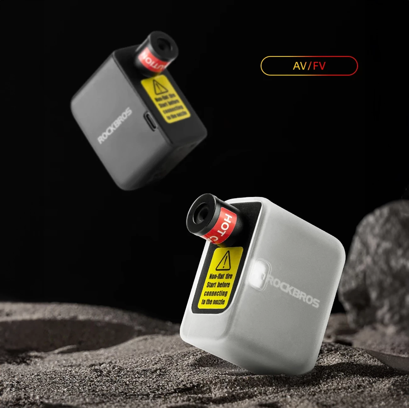 Pompë elektrike mini për biçikletë Rockbros 42320008001, 100 PSI (6.9 bar), Presta/Schrader, 300 mAh, USB-C, me dritë LED, Set me këllëf silikoni + majë Presta + unazë vulosëse + kabllo USB-C–USB-A, e zezë