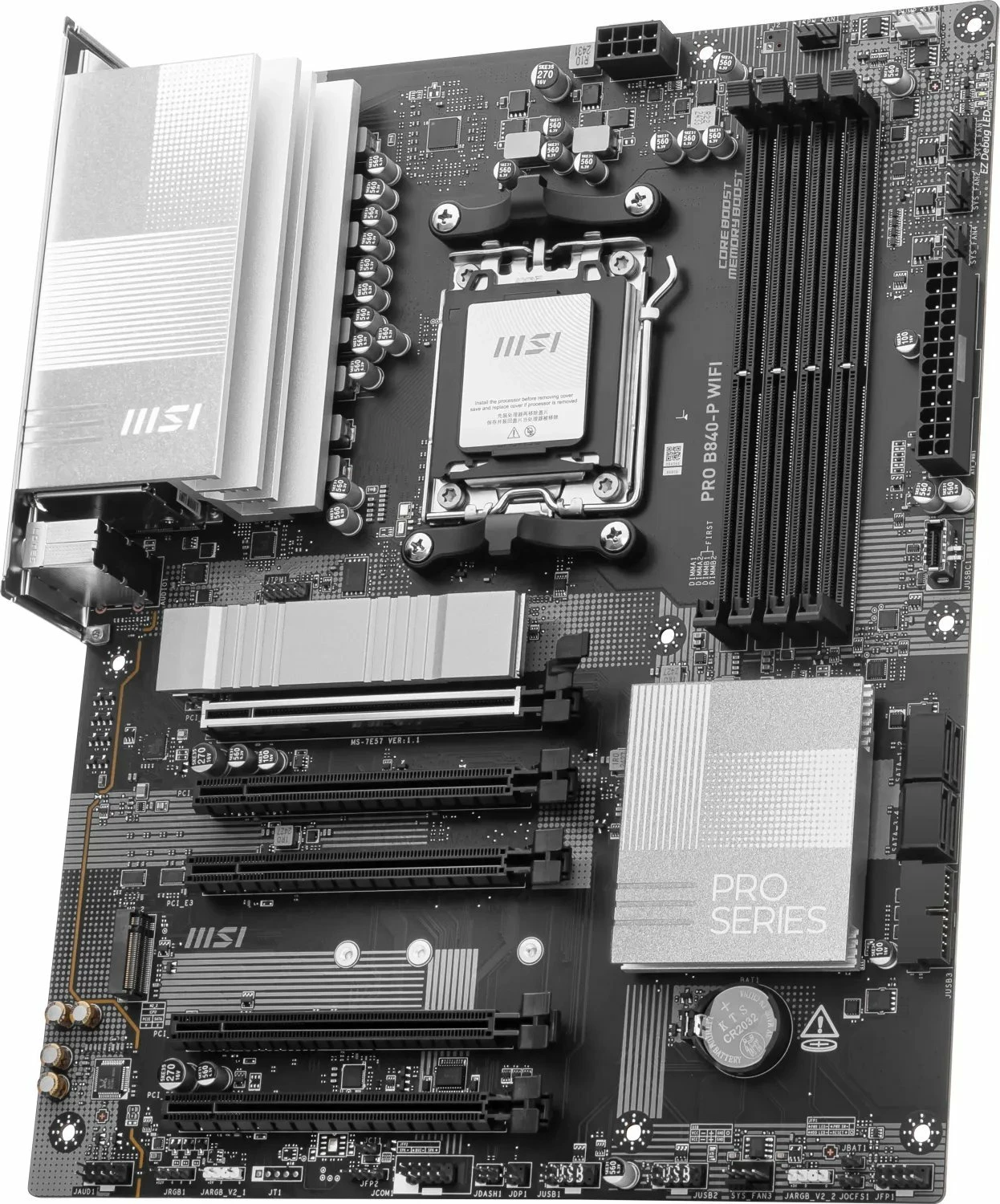 Pllakë amë MSI PRO B840-P WIFI, ATX, DDR5, Wi‑Fi 7 + Bluetooth, 2.5G LAN, argjendtë/zezë
