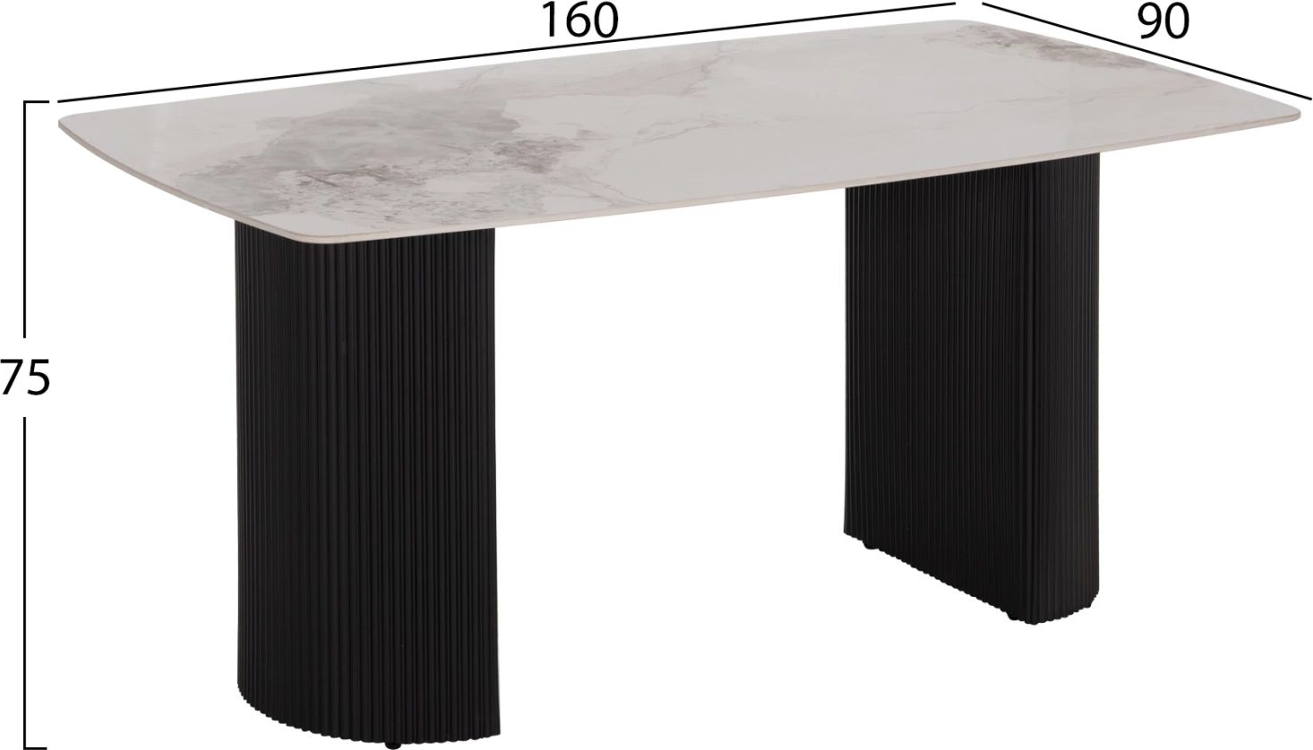 Tavolinë ngrënie Minao, këmbë MDF ngjyrë hiri e errët, sipërfaqe qeramike efekt mermeri e bardhë/kafe, 160x90x75 cm