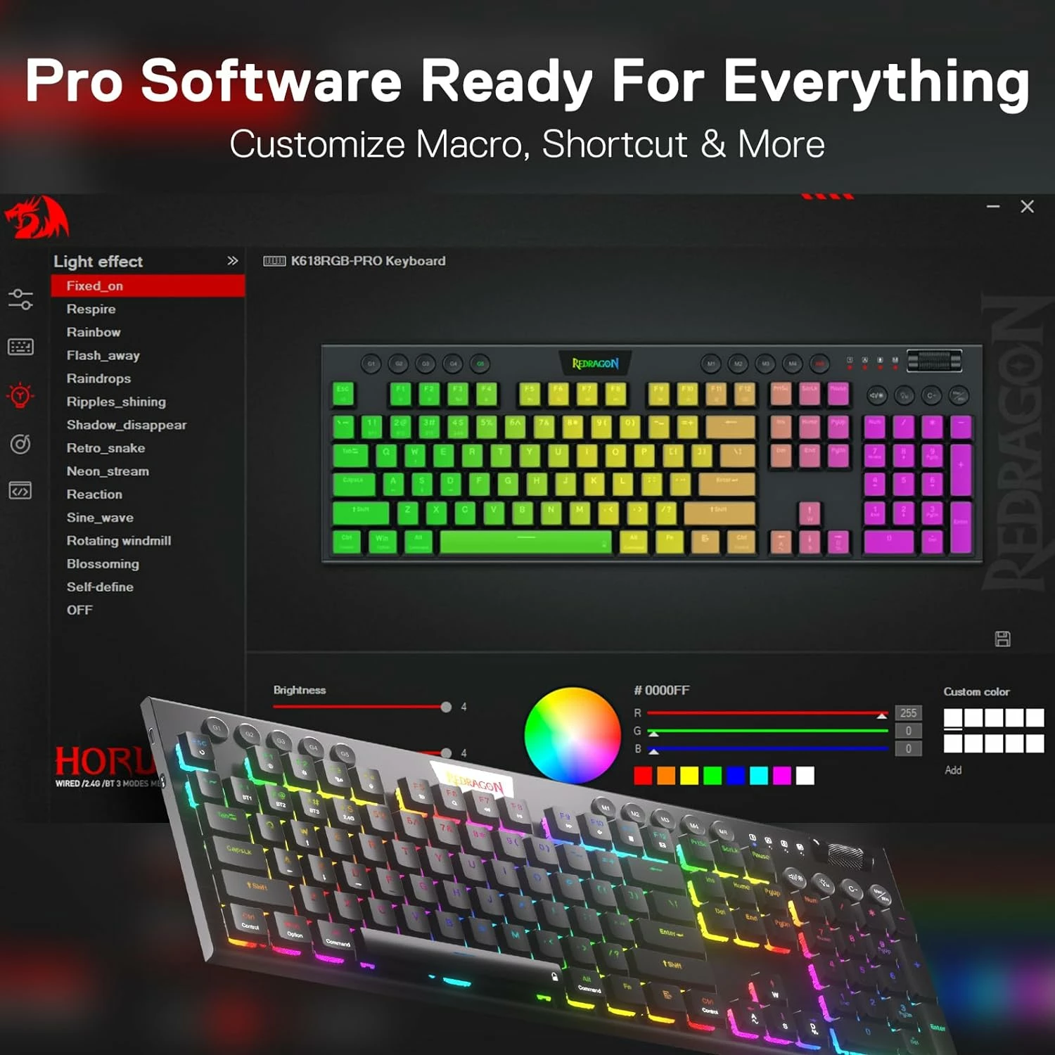 Tastierë mekanike Redragon Horus Pro K618RGB-PRO, full size, Red Switch, USB-C/2.4G/BT, RGB, e zezë