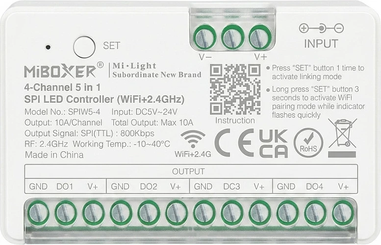 Kontroller LED Pixel Miboxer SPIW5, 5-në-1 SPI, WiFi + 2.4GHz, 4 kanale, DC 5-24V