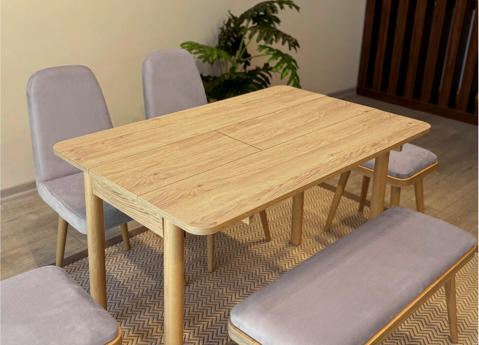 Set tavolinë me karrige për ngrënie, zgjatues, 6 pjesë, Skye Decor, Vina Mini 03 0701, ngjyrë lisi, Soho gri