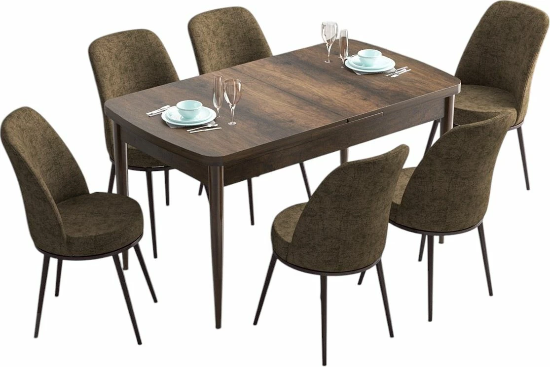 Tavolinë me karrige, zgjatshme, 7 copë, ngjyrë barok dhe kafe, Skye Decor Han