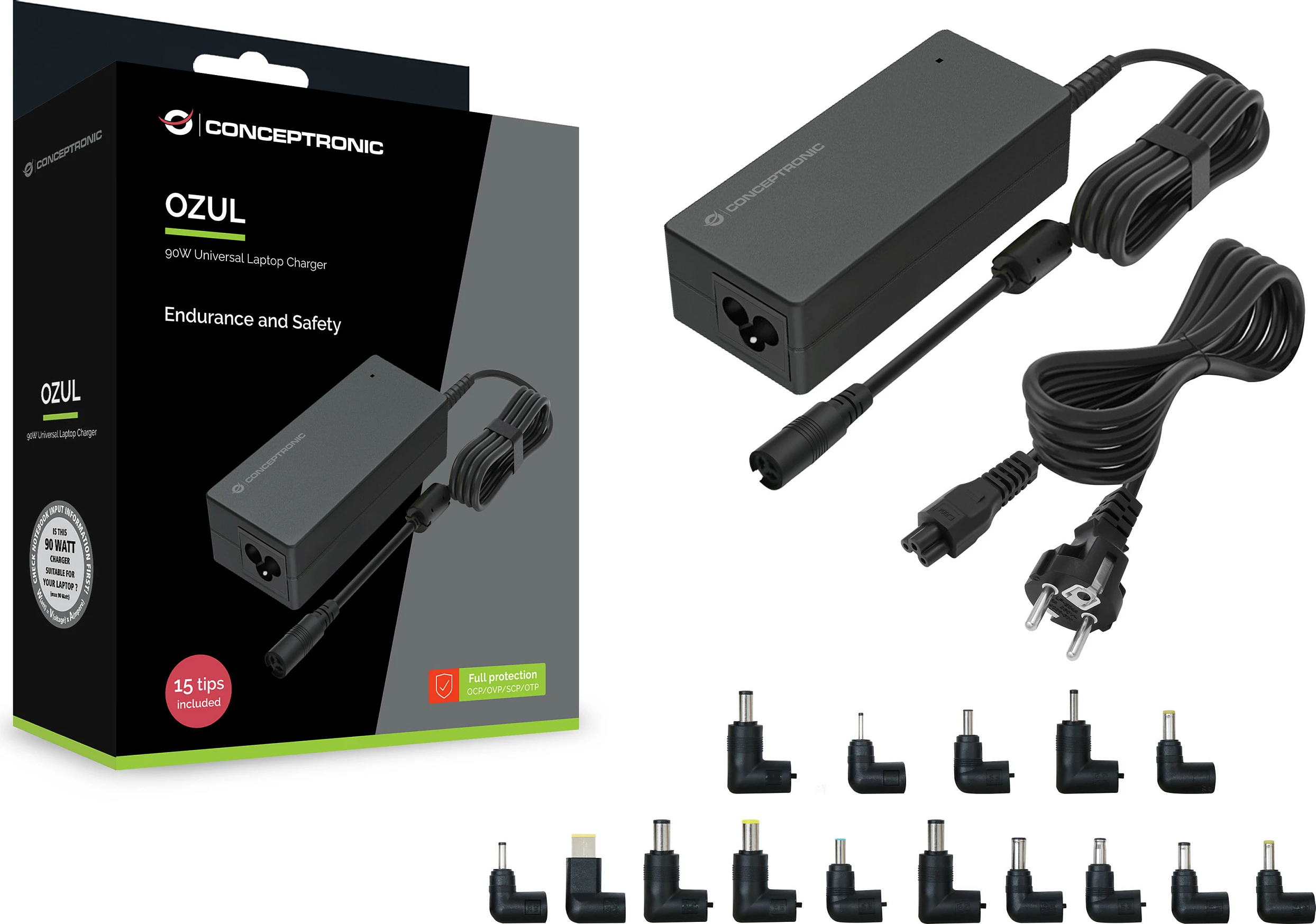 Karikues universal për laptop Conceptronic OZUL08B15, 90W, 15-20V, 15 maja, i zi