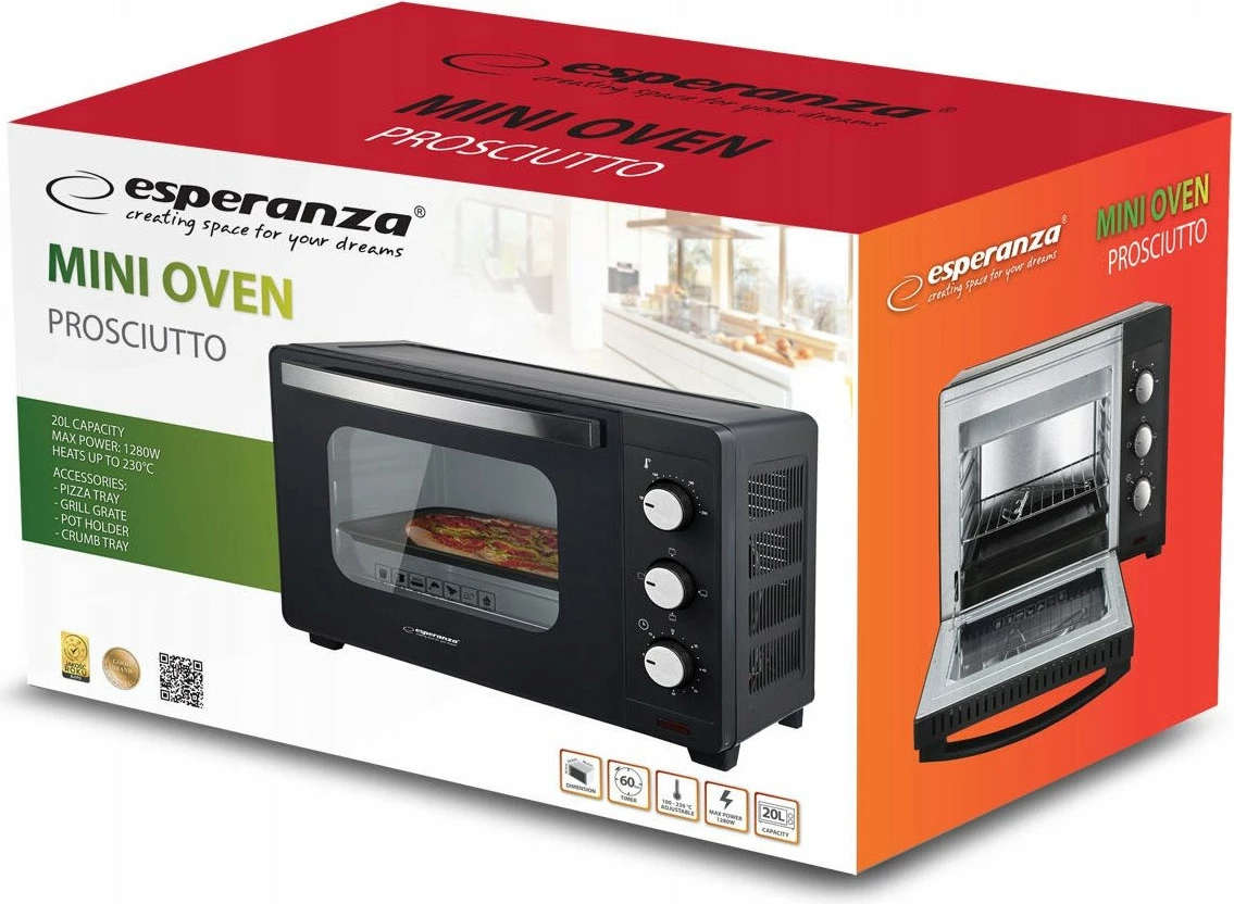Mini furrë elektrike Esperanza Prosciutto EKO008N* 20L 1280W, e zezë