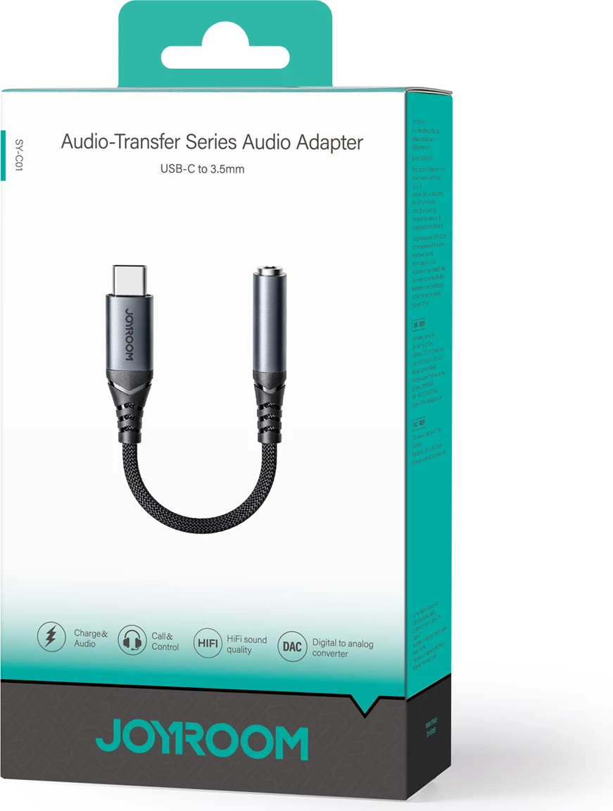 Adapter audio, Joyroom SY-C01, USB-C në 3.5 mm me DAC dhe USB-C pass-through 60W, e zezë