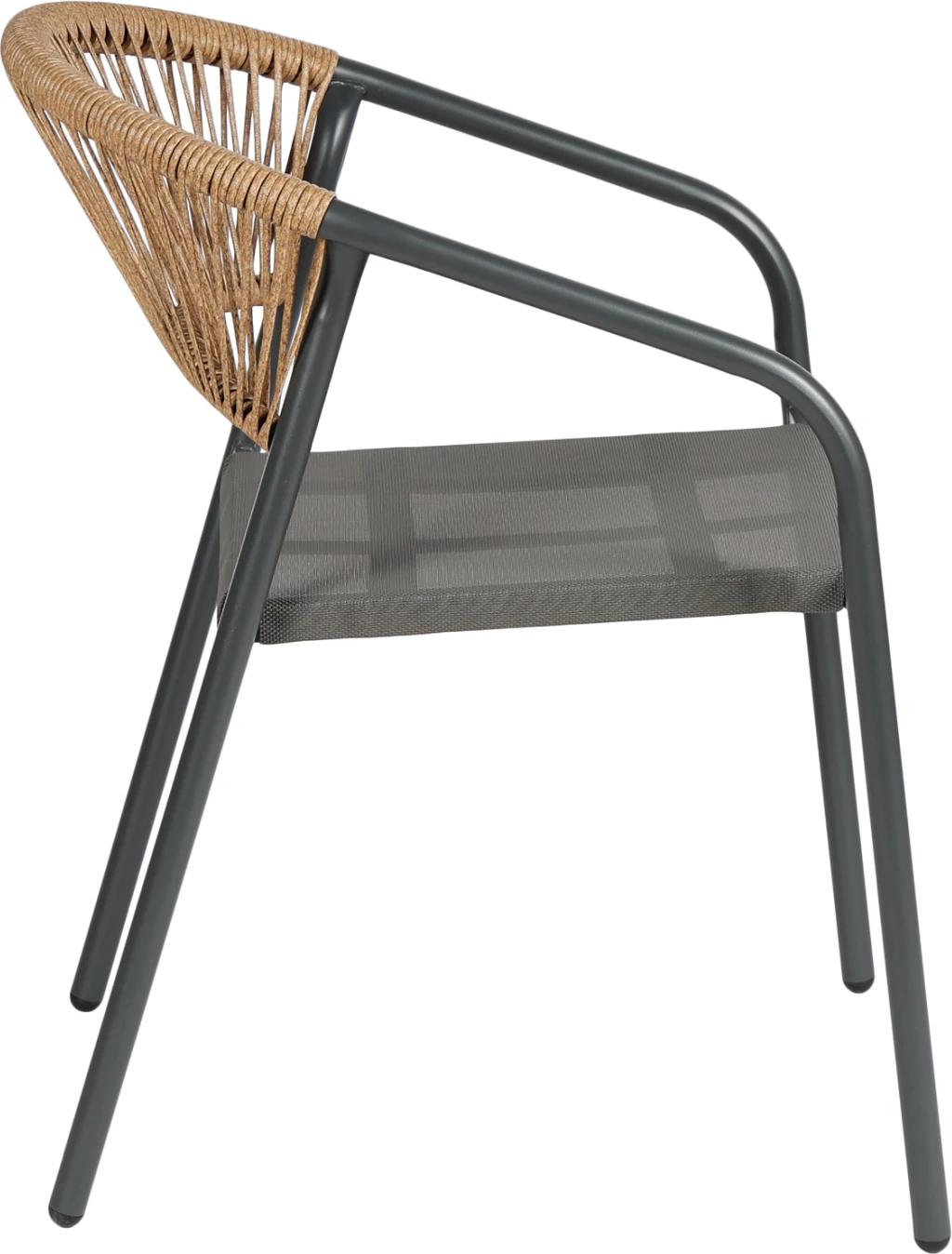 Karrige e jashtme me krahë, strukturë metali, sedilje tekstilene gri, shpinë ratan sintetik bezhë, 53.5x62x75cm