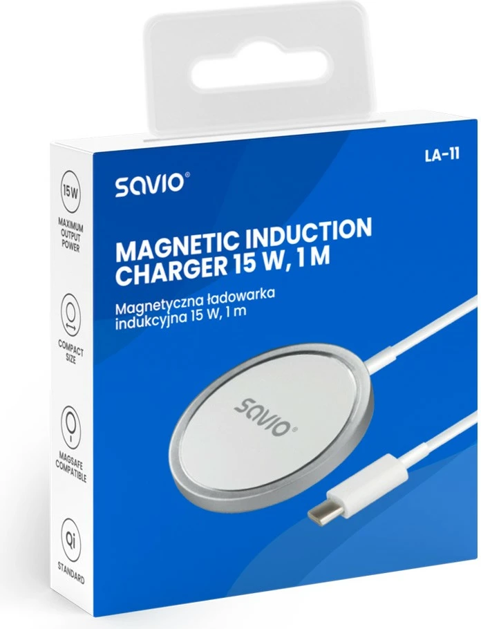 Karikues wireless magnetik Savio LA-11, 15 W, USB Type-C, Bardhë/Gri