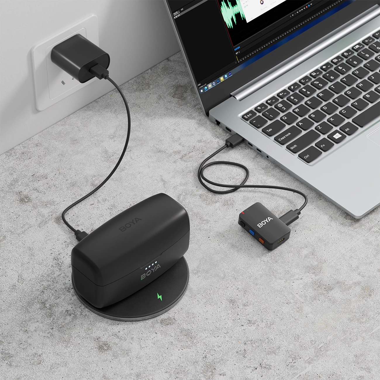 Set mikrofonash pa tela BOYA BOYAMIC 2-02 2.4GHz USB-C, 2 transmetues + marrës, 32-bit float, 8GB, me kuti karikimi, i zi