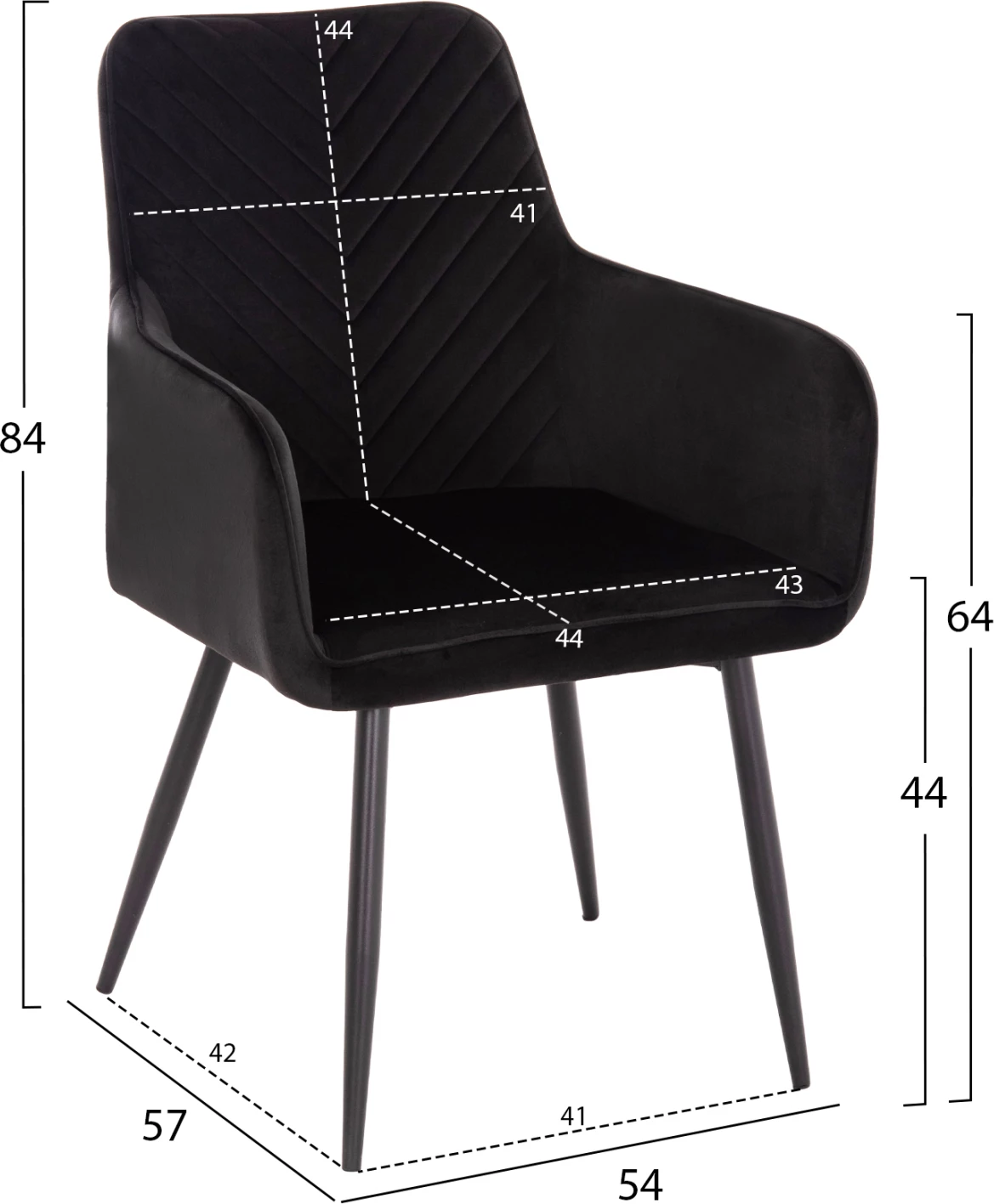 Karrige Latrell, kadife e zezë, këmbë metali të zeza, 55x57x84H cm., set prej 2 copë