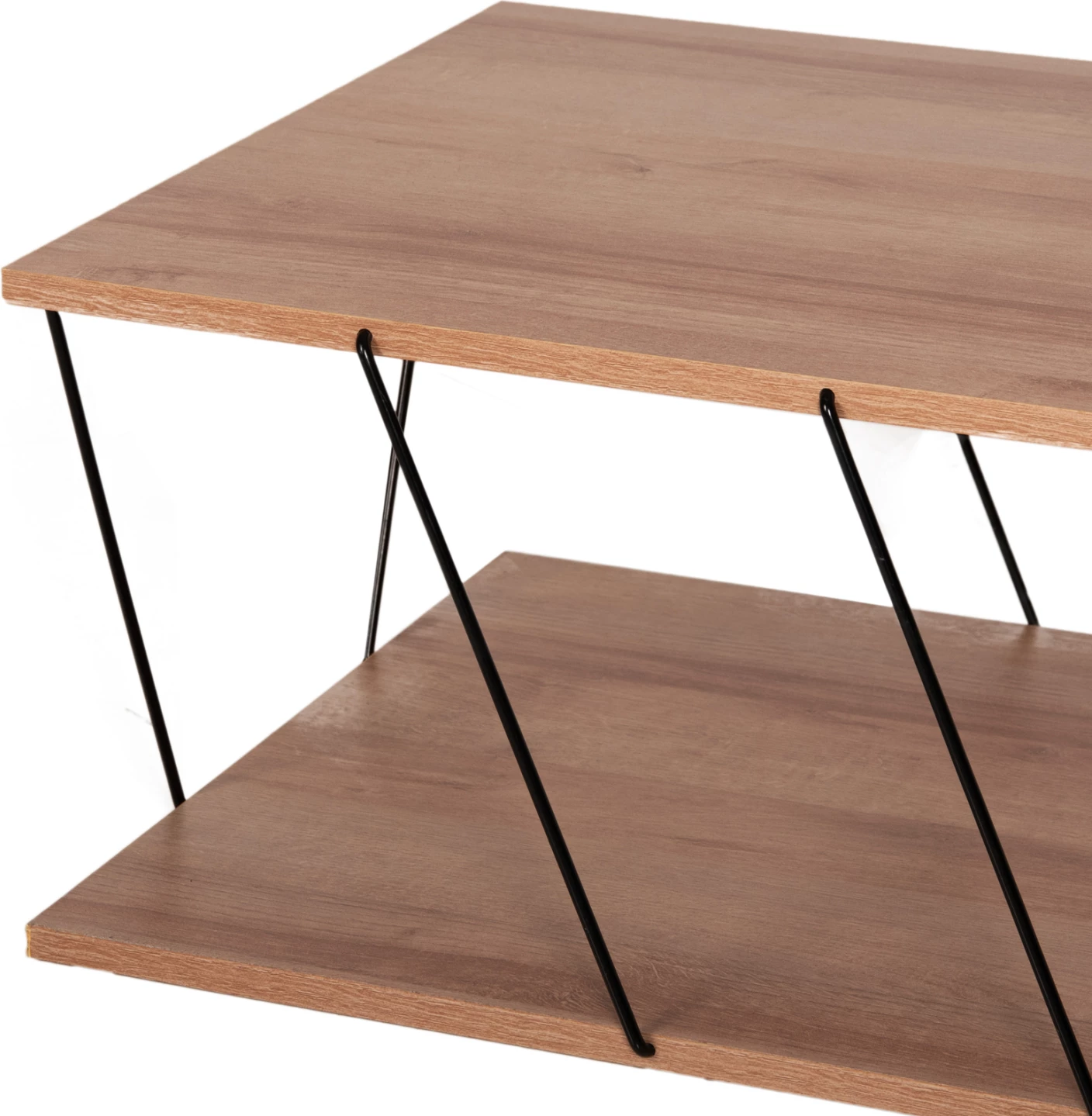 Tavolinë kafeje TARS, ngjyrë lisi natyral, melaminë, shufra metali të zeza, 120x50x30H cm