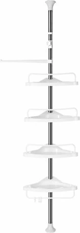 Raft qoshe për banjo SONGMICS BCB02SW, teleskopik 95-300 cm, 4 tabaka, 3 grepa, shufër peshqiri, e bardhë/argjendtë