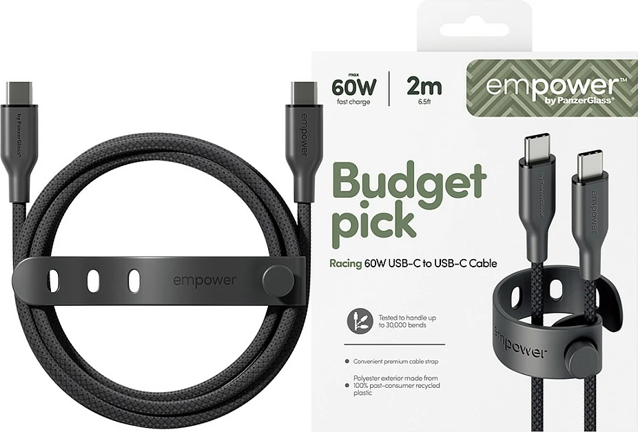 Kabllo USB-C në USB-C PanzerGlass empower Racing, 60W, 2m, USB 2.0, e zezë