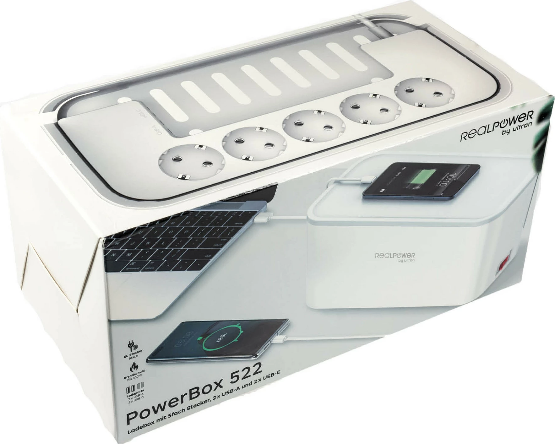 Zgjatues rryme RealPower PowerBox 522, 5 priza, 4 USB (2x USB-C), kabllo 1.5 m, i bardhë