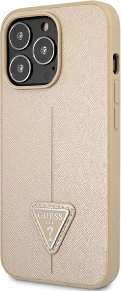 Mbështjellës Guess GUHCP13LPSATLE për iPhone 13/13 Pro 6.1", Saffiano Triangle Logo, bezhë