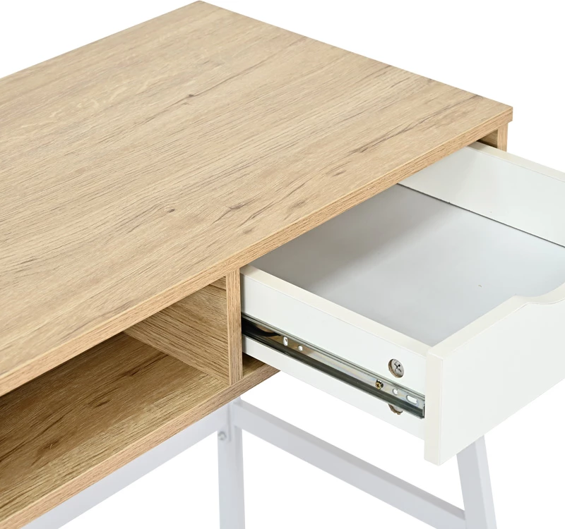 Tavolinë pune me raft dhe sirtar Rezio, ngjyrë lis-e bardhë, këmbë metalike të zeza, 75x45x76cm