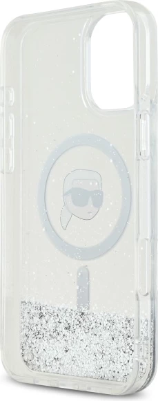 Mbështjellës Karl Lagerfeld Liquid Glitter Karl Head MagSafe për iPhone 16 Plus, Transparent